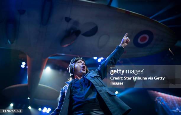 Bruce Dickinson of Iron Maiden performs "Aces High" during the Legacy of the Beast tour at Xcel Energy Center in Saint Paul, Minnesota.