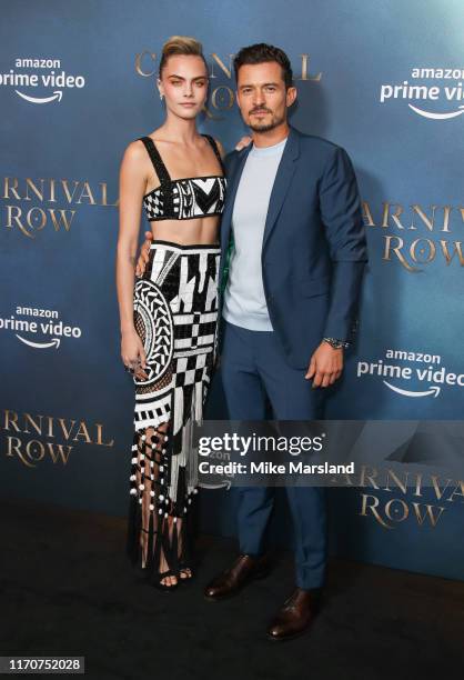 Cara Delevingne and Orlando Bloom attend the Amazon Original series "Carnival Row" London Screeing at The Ham Yard Hotel on August 28, 2019 in...