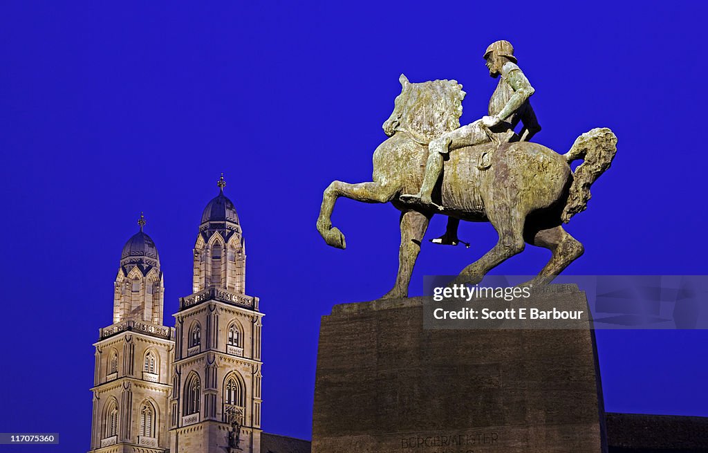 Grossmunster Church and equestrian statue
