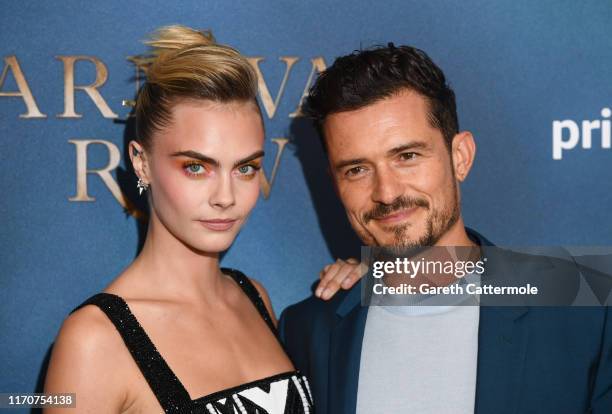 Orlando Bloom and Cara Delevingne attend the Amazon Original series "Carnival Row" London Screening at The Ham Yard Hotel on August 28, 2019 in...