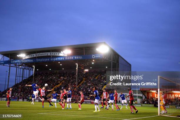 General view inside the stadium as Michael Keane of Everton shoots a header during the Carabao Cup Second Round match between Lincoln City and...