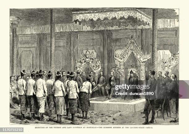 lord dufferin in mandalay, burma sitting on a throne - viceroy stock illustrations