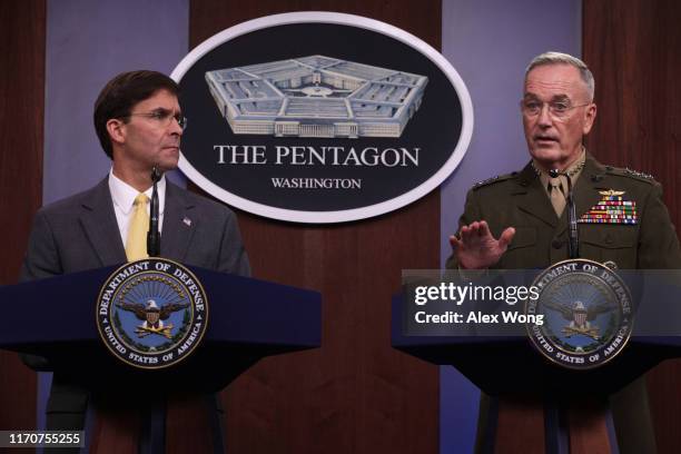 Secretary of Defense Mark Esper and Chairman of Joint Chiefs of Staff General Joseph Dunford hold a media briefing at the Pentagon August 28, 2019 in...