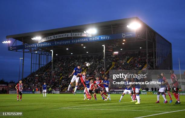 General view inside the stadium as Michael Keane of Everton shoots a header during the Carabao Cup Second Round match between Lincoln City and...