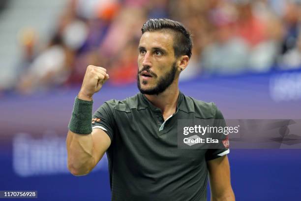 Damir Dzumhur of Bosnia and Herzegovina reacts during his Men's Singles second round match against Roger Federer of Switzerland on day three of the...