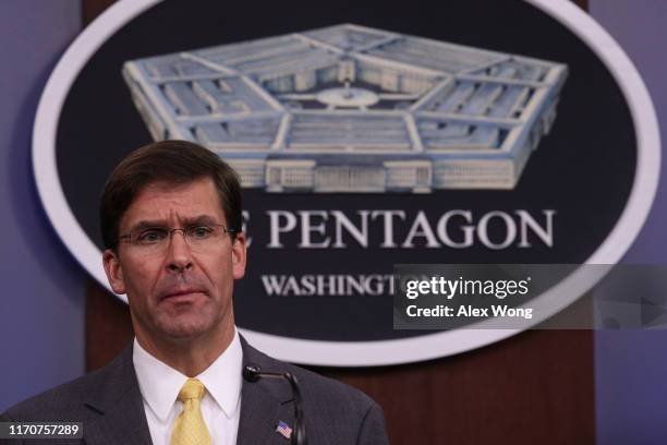 Secretary of Defense Mark Esper holds a media briefing at the Pentagon August 28, 2019 in Arlington, Virginia. Secretary Esper participated in his...