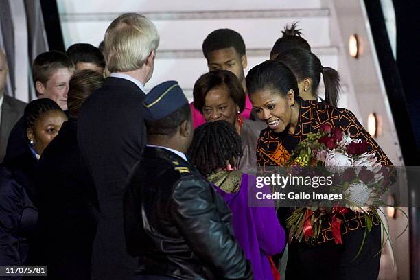 United States First Lady Michelle Obama arrives at the Waterkloof Airport on June 20, 2011 in Pretoria, South Africa. Obama is on a six-day trip,...