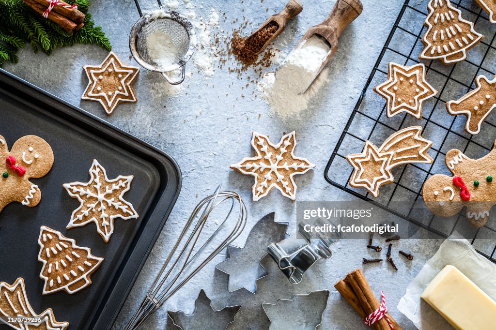 Ingredients and utensils for Christmas cookies preparation