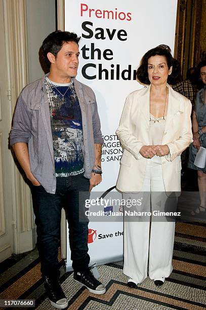 Alejandro Sanz and Bianca Jagger attend 'Save The Children' Awards press conference at Casa de America on June 21, 2011 in Madrid, Spain.