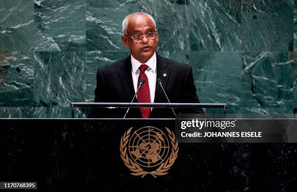 Maldives President Ibrahim Mohamed Solih speaks during the 74th Session of the United Nations General Assembly at UN Headquarters in New York,...