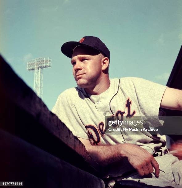 Harvey Kuenn of the Detroit Tigers sits on the dugout steps during an MLB Spring Training game circa March, 1957 in Florida.