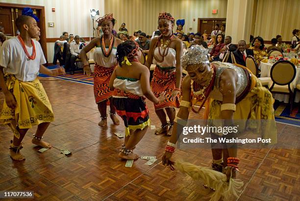 From right, Lilycent U. Ogbuagu, Bleesing Ileka, Nnenna Princess Onuma, Amarachi Ekekwe and Rex Okonkwo perform a Nigerian dance at the 18th Annual...