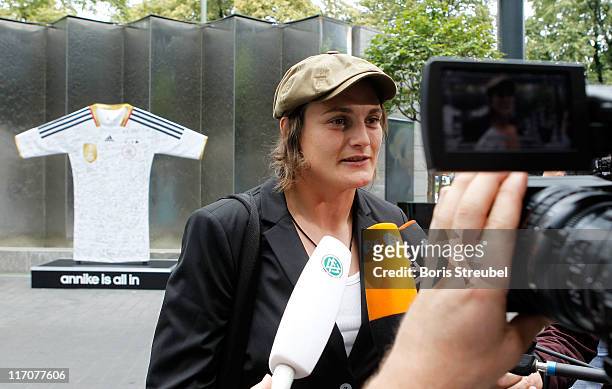 Nadine Angerer of the German Woman's National Football Team gives an interview on her arrival at Hotel Esplanade on June 21, 2011 in Berlin, Germany.