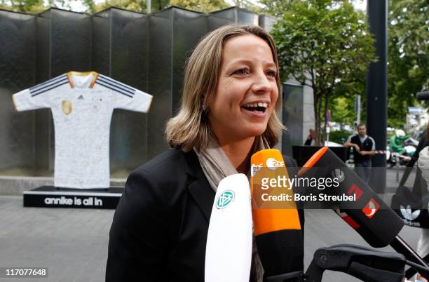 Inka Grings of the German Woman's National Football Team gives an interview on her arrival at Hotel Esplanade on June 21, 2011 in Berlin, Germany.