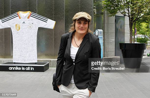Nadine Angerer of the German Woman's National Football Team smiles on her arrival at Hotel Esplanade on June 21, 2011 in Berlin, Germany.