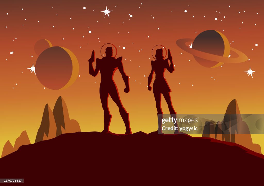 Vektor-Astronauten paar Silhouette im Raum Illustration