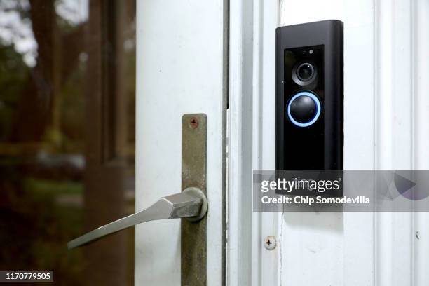 Doorbell device with a built-in camera made by home security company Ring is seen on August 28, 2019 in Silver Spring, Maryland. These devices allow...