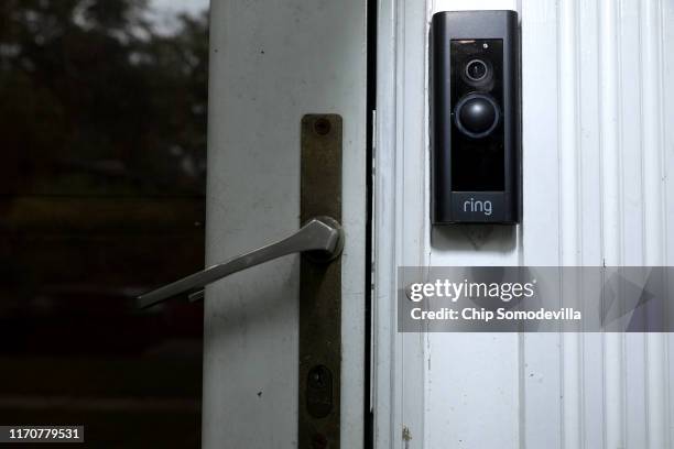 Doorbell device with a built-in camera made by home security company Ring is seen on August 28, 2019 in Silver Spring, Maryland. These devices allow...