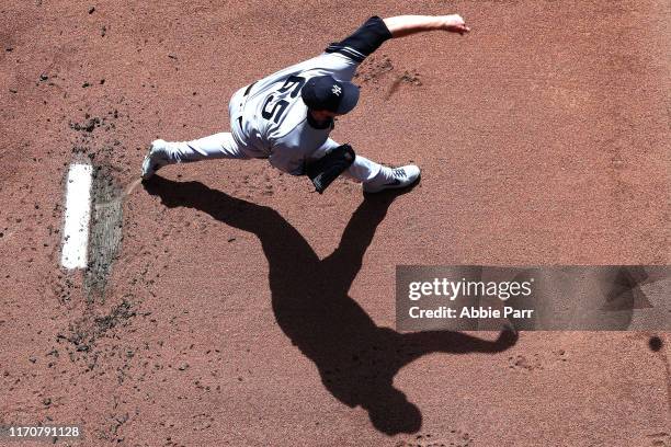 James Paxton of the New York Yankees warms up prior to taking on the Seattle Mariners during their game at T-Mobile Park on August 28, 2019 in...