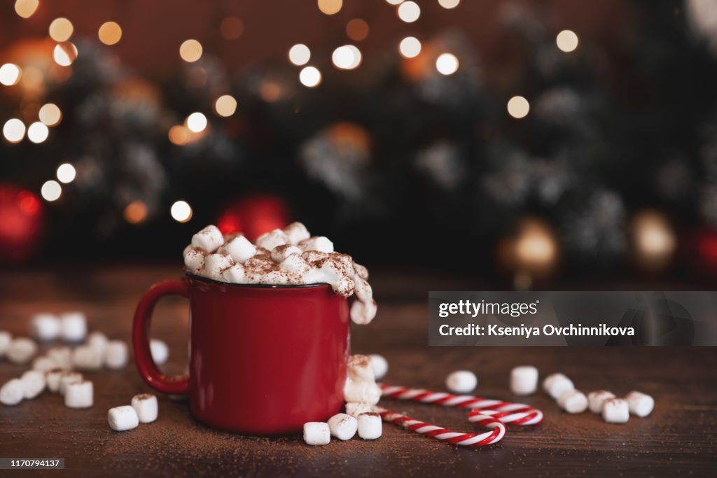 Winter whipped cream hot coffee in a red mug with star shaped cookies and warm scarf - rural still life