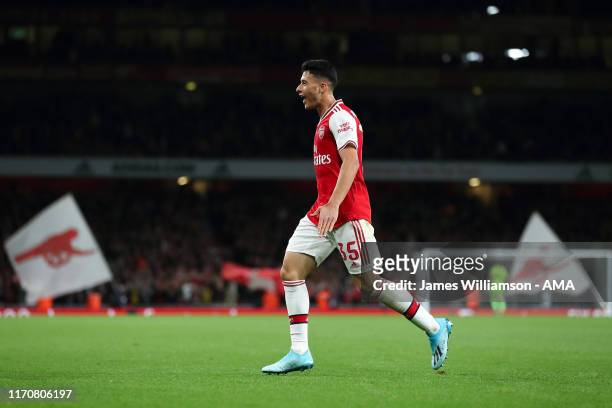 Gabriel Martinelli of Arsenal celebrates after scoring a goal to make it 1-0 during the Carabao Cup Third Round match between Arsenal and Nottingham...