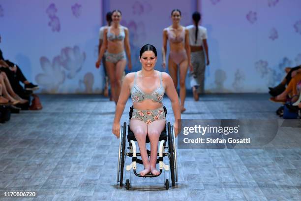 Rebecca Dubber walks wears a design by Jockey during the Resene Designer show during New Zealand Fashion Week 2019 at Auckland Town Hall on August...