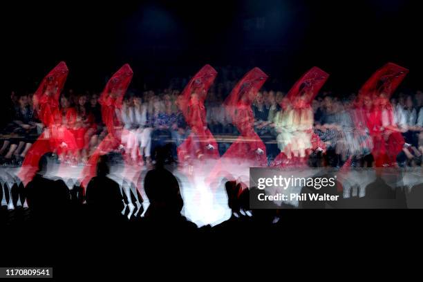 Model walks the runway in a design by Tawhiao during the Resene Designer show during New Zealand Fashion Week 2019 at Auckland Town Hall on August...