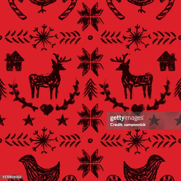 primitive nordic style winter christmas seamless pattern - rustic heart pattern stock illustrations