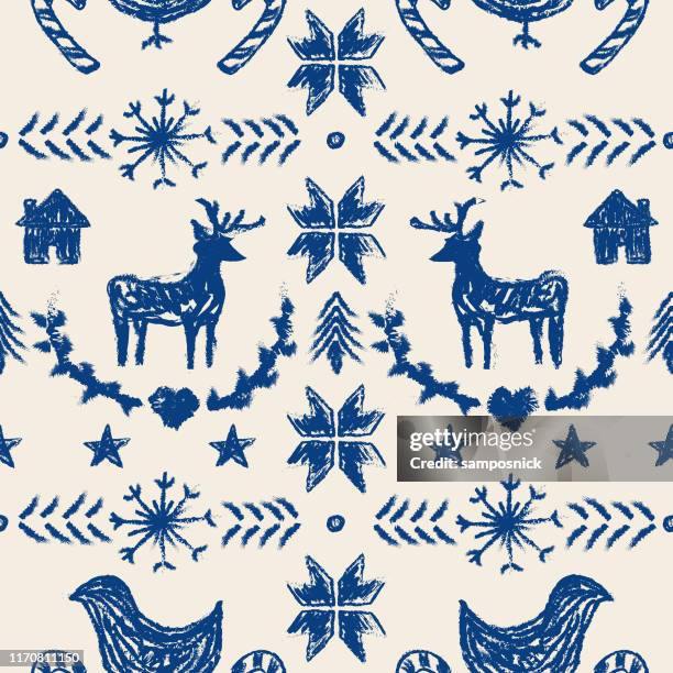 primitive nordic style winter christmas seamless pattern - primitive stock illustrations