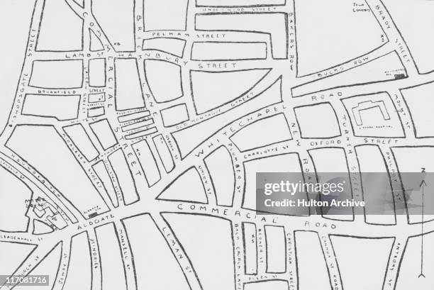 Map of Whitechapel in east London, where eleven women were killed between 1888 and 1891, and the murders often attributed to unidentified serial...