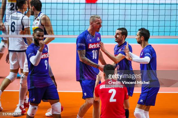 Kevin LE ROUX of France celebrate during the EuroVolley - Quarter final match between France and Italy on September 24, 2019 in Nantes, France.