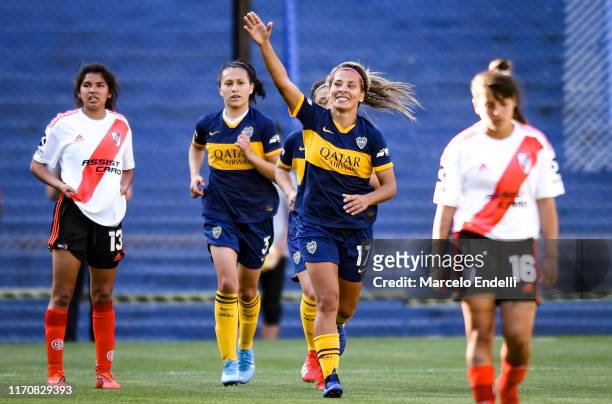 Camila Gomez Ares of Boca Juniors celebrates after scoring the fourth goal of his team during a match between Boca Juniors and River Plate as part of...