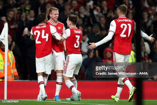 Rob Holding of Arsenal celebrates after scoring a goal to make it 2-0 during the Carabao Cup Third Round match between Arsenal and Nottingham Forest...