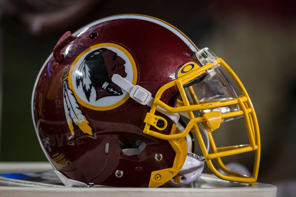 Washington Redskins helmet sits on the sidelines during the second half of the game against the Chicago Bears at FedExField on September 23, 2019 in...
