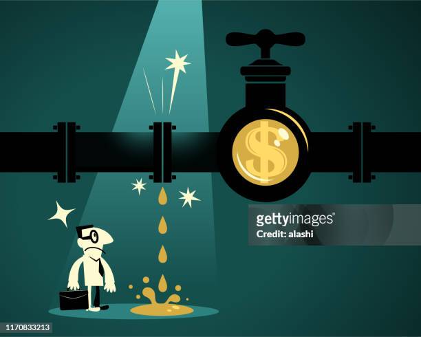 ilustrações de stock, clip art, desenhos animados e ícones de businessman finding leaky pipeline with dollar sign tap - irc