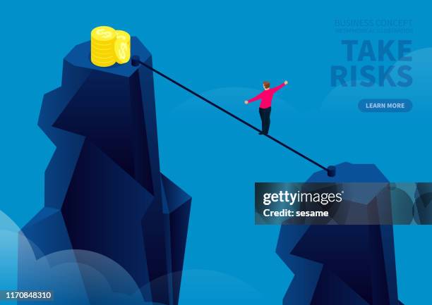 take the risk, take the wire rope to the other side of the cliff and pick up the gold coins - other stock illustrations