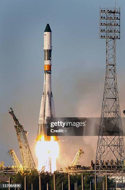 Russian Progress M-11M rocket blasts off from a Russian leased Kazakh Baikonur cosmodrome to the International Space Station on June 21, 2011. It is...