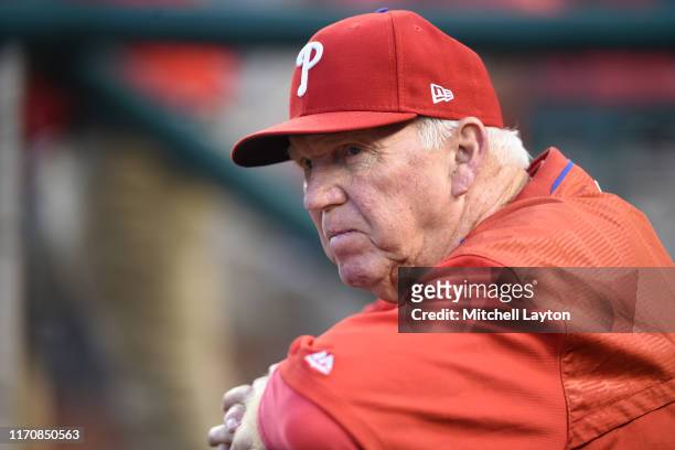 Hitting coach Charlie Manuel of the Philadelphia Phillies looks on during game two of a doubleheader baseball game against the Philadelphia Phillies...