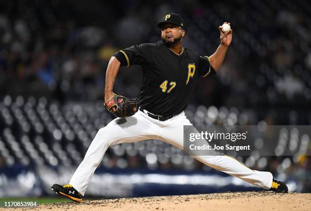Francisco Liriano of the Pittsburgh Pirates pitches during the seventh inning against the Chicago Cubs at PNC Park on September 24, 2019 in...