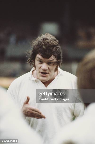 England Rugby Union captain Fran Cotton makes a point to his team mates during a match at Twickenham circa 1975 in London, United Kingdom.