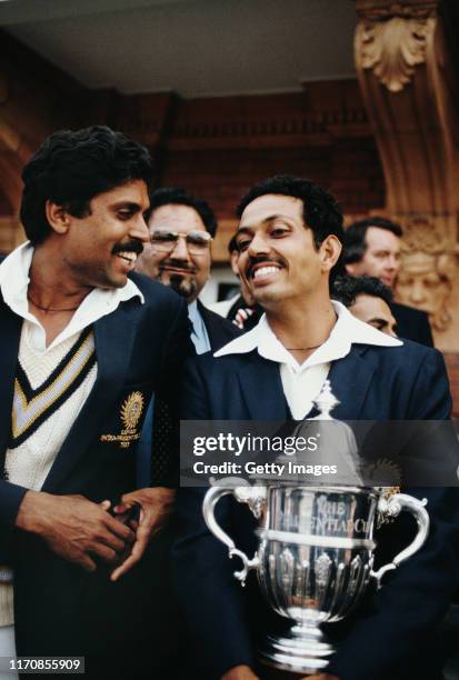 India players Kapil Dev and Man of the Match Mohinder Amarnath pictured after the 1983 Prudential World Cup Final victory against West Indies at...