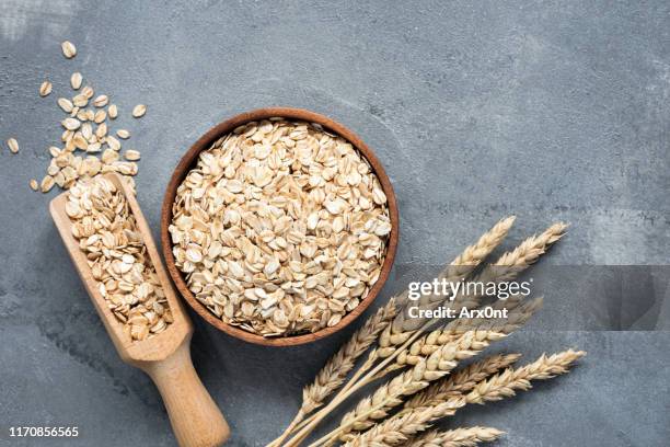 oats, rolled oats, whole grains - cereal overhead stock pictures, royalty-free photos & images