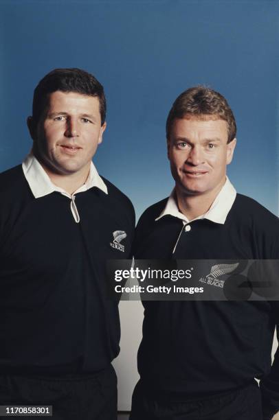 New Zealand All blacks Rugby Union players Sean Fitzpatrick and Grant Fox pictured together circa 1987 in New Zealand .