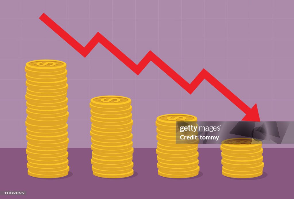 Coin Rasing Down Icon Coin Stack With Red Arrow Go Down High-Res Vector Graphic - Getty Images
