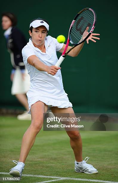 Alberta Brianti of Italy returns a shot during her first round match against Maria Kirilenko of Russia on Day Two of the Wimbledon Lawn Tennis...