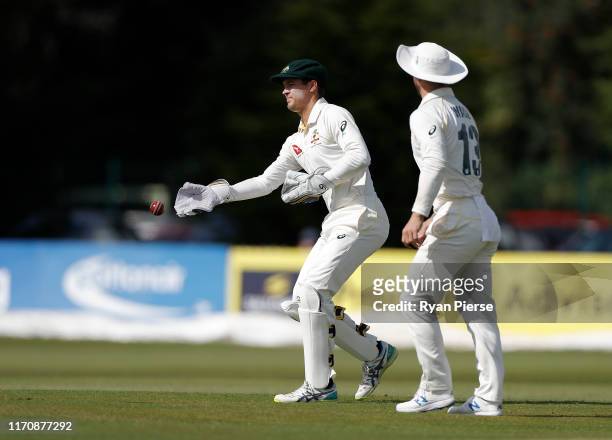 Alex Carey of Australia keeps wicket during day one of the Tour Match between Derbyshire CCC and Australia at The County Ground on August 29, 2019 in...