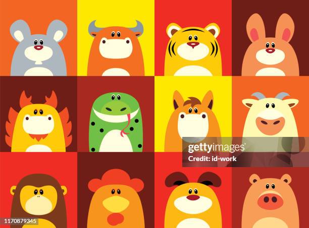 zwölf chinesische tierkreistiere - schafkopf stock-grafiken, -clipart, -cartoons und -symbole