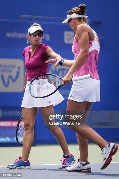 Nicoloe Melichar of USA and her partner Kveta Peschke of Czech reacts against Vania king of USA and Oksana Kalashnikov of Georgia on Day 4 of 2019...