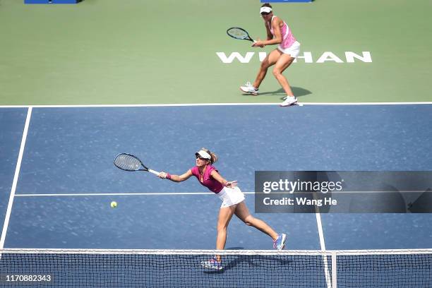 Nicoloe Melichar of USA and her partner Kveta Peschke of Czech reacts during the match against Vania king of USA and Oksana Kalashnikov of Georgia on...