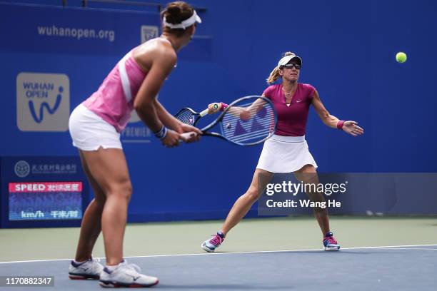 Nicoloe Melichar of USA and her partner Kveta Peschke of Czech reacts against Vania king of USA and Oksana Kalashnikov of Georgia on Day 4 of 2019...